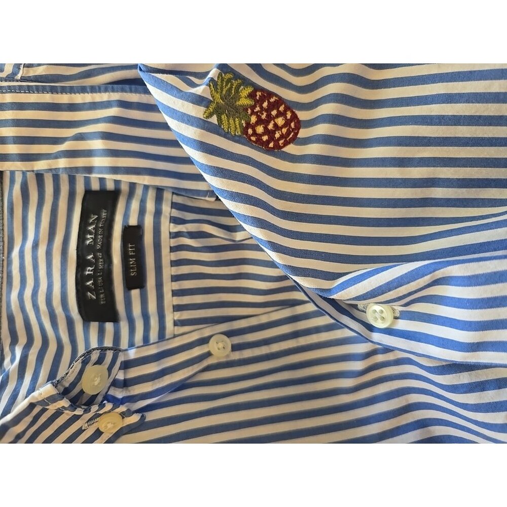 Zara Man Shirt Men Elbow Patches Button Dress Blue Slim Fit Pineapple Logo M L - Picture 7 of 8